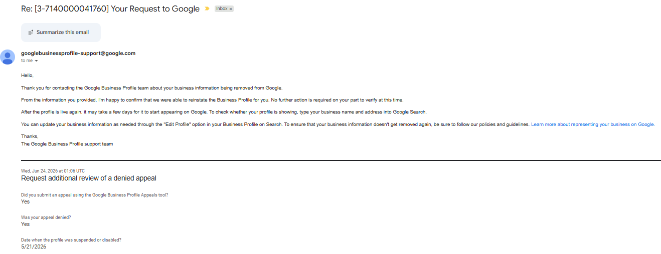 google business profile appeal Google Business Profile email for reinstatement of a local business