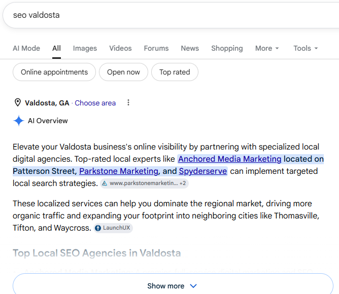 Ai overview for seo valdosta search on 7-9-2026 example of an ai overview for searching seo valdosta
