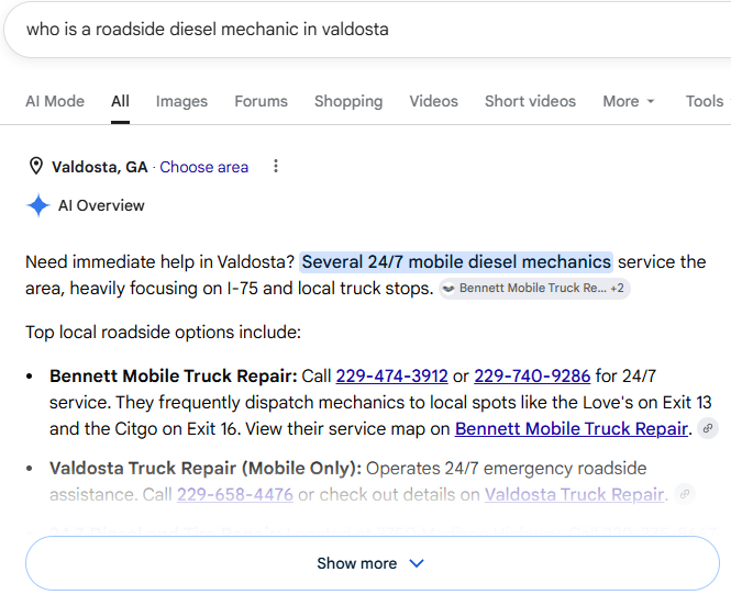 ai overview for roadside diesel mechanic AI Overview that cites Bennett Mobile Truck Repair