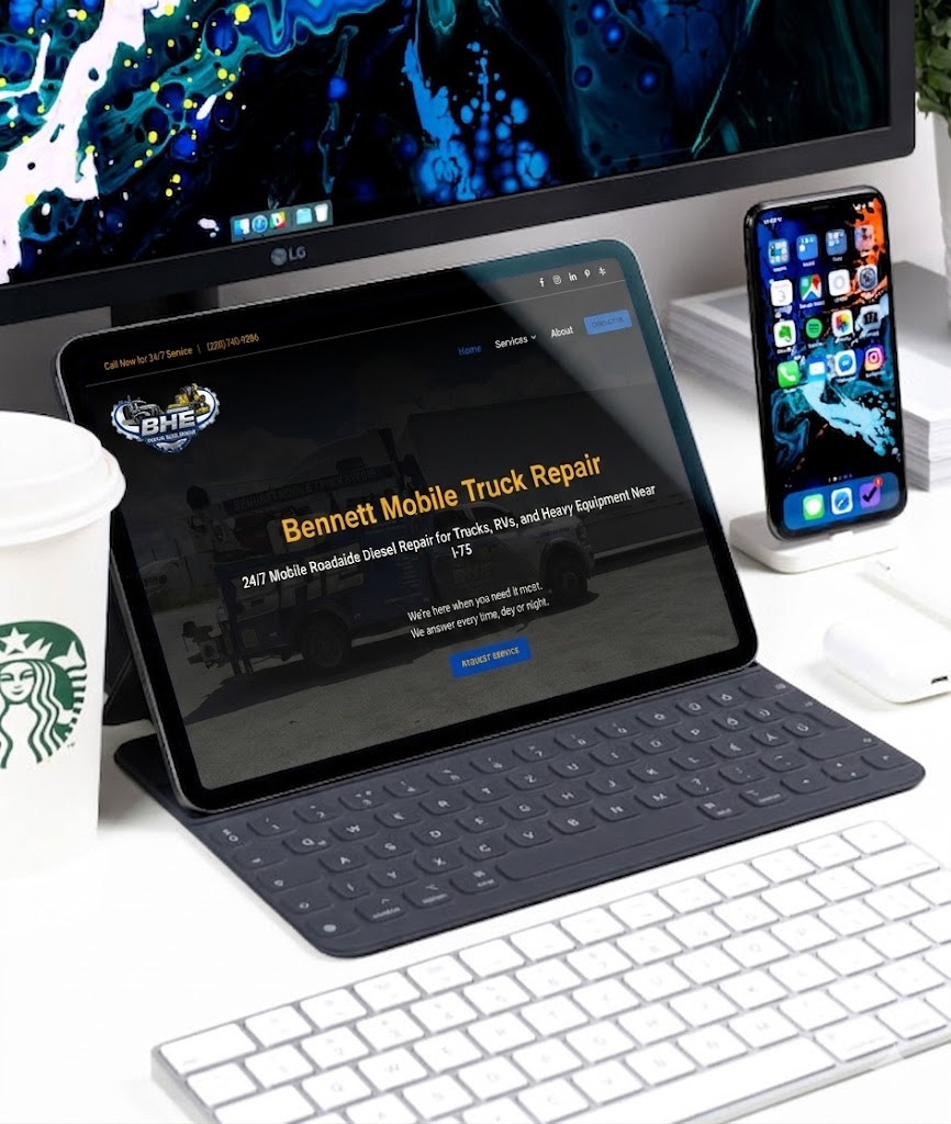 Mobile truck repair custom website design seen on a laptop