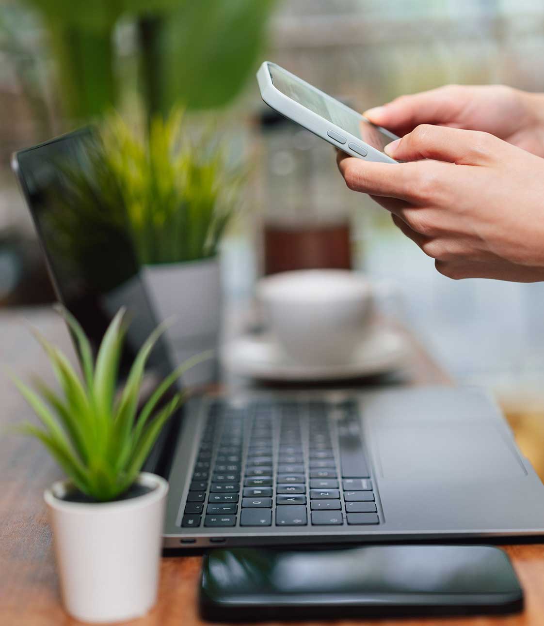 person searching on phone Person holding a cell phone doing a search with a laptop in front of them